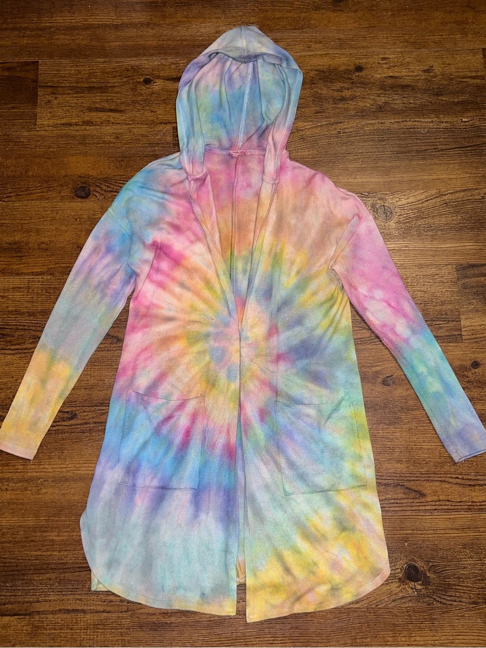 Pastel Rainbow Tie Dye Longline Hooded Cardigan Flowy Knit Duster Boho Size XS